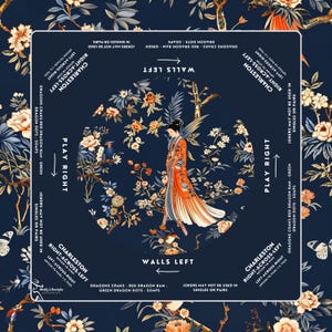 May include: A circular game board with a blue background and floral patterns. The board has a central image of a woman in a red and orange dress. The text "Charleston Right-Across-Left" and "Charleston Left-Across-Right" appears on the board. The text "Walls Left" and "Play Right" appears on the board.