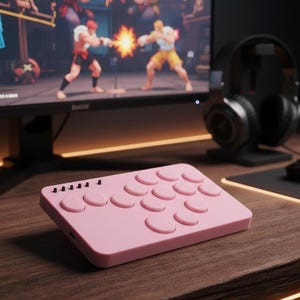 Könnte beinhalten: Ein rosa Gaming-Controller mit einer Reihe kreisförmiger Tasten und einer rechteckigen Form. Der Controller liegt auf einem Holzschreibtisch, im Hintergrund ist ein Computermonitor mit einem Videospiel zu sehen. Ein schwarzer Kopfhörer ist ebenfalls sichtbar.