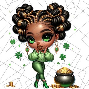 St. Patrick’s Day Chibi PNG | Pot of Gold Sublimation | Black Girl Chibi Png | lucky charm Png | black woman | Black Girl Chibi Lucky Png
