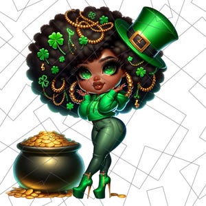 St. Patrick’s Day Chibi PNG | Pot of Gold Sublimation | Black Girl Chibi Png | lucky charm Png | black woman | Black Girl Chibi Lucky Png