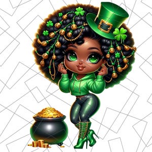 St. Patrick’s Day Chibi PNG | Pot of Gold Sublimation | Black Girl Chibi Png | lucky charm Png | black woman | Black Girl Chibi Lucky Png
