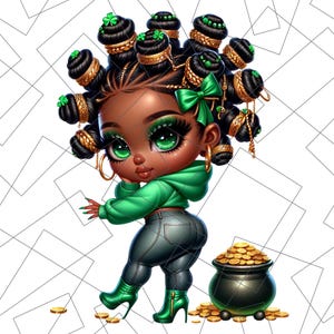 St. Patrick’s Day Chibi PNG | Pot of Gold Sublimation | Black Girl Chibi Png | lucky charm Png | black woman | Black Girl Chibi Lucky Png