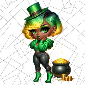 St. Patrick’s Day Chibi PNG | Pot of Gold Sublimation | Black Girl Chibi Png | lucky charm Png | black woman | Black Girl Chibi Lucky Png