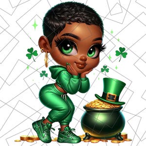 St. Patrick’s Day Chibi PNG | Pot of Gold Sublimation | Black Girl Chibi Png | lucky charm Png | black woman | Black Girl Chibi Lucky Png