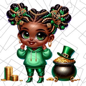 St. Patrick’s Day Chibi PNG | Pot of Gold Sublimation | Black Girl Chibi Png | lucky charm Png | black woman | Black Girl Chibi Lucky Png