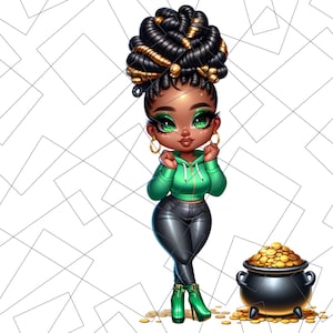 St. Patrick’s Day Chibi PNG | Pot of Gold Sublimation | Black Girl Chibi Png | lucky charm Png | black woman | Black Girl Chibi Lucky Png