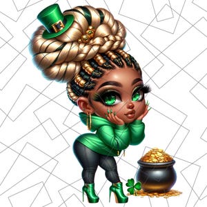 St. Patrick’s Day Chibi PNG | Pot of Gold Sublimation | Black Girl Chibi Png | lucky charm Png | black woman | Black Girl Chibi Lucky Png