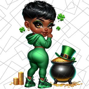 St. Patrick’s Day Chibi PNG | Pot of Gold Sublimation | Black Girl Chibi Png | lucky charm Png | black woman | Black Girl Chibi Lucky Png