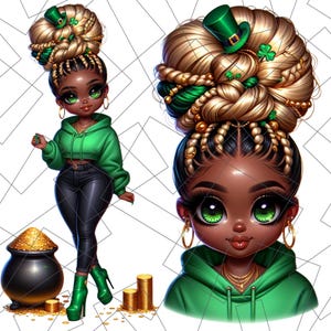 St. Patrick’s Day Chibi PNG | Pot of Gold Sublimation | Black Girl Chibi Png | lucky charm Png | black woman | Black Girl Chibi Lucky Png