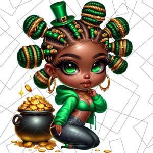 St. Patrick’s Day Chibi PNG | Pot of Gold Sublimation | Black Girl Chibi Png | lucky charm Png | black woman | Black Girl Chibi Lucky Png