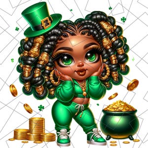 St. Patrick’s Day Chibi PNG | Pot of Gold Sublimation | Black Girl Chibi Png | lucky charm Png | black woman | Black Girl Chibi Lucky Png