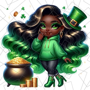 St. Patrick’s Day Chibi PNG | Pot of Gold Sublimation | Black Girl Chibi Png | lucky charm Png | black woman | Black Girl Chibi Lucky Png