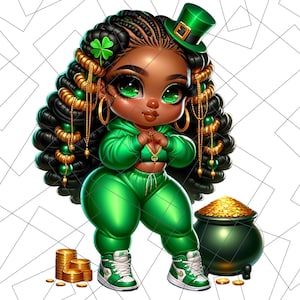 St. Patrick’s Day Chibi PNG | Pot of Gold Sublimation | Black Girl Chibi Png | lucky charm Png | black woman | Black Girl Chibi Lucky Png