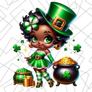 St. Patrick’s Day Chibi PNG | Pot of Gold Sublimation | Black Girl Chibi Png | lucky charm Png | black woman | Black Girl Chibi Lucky Png