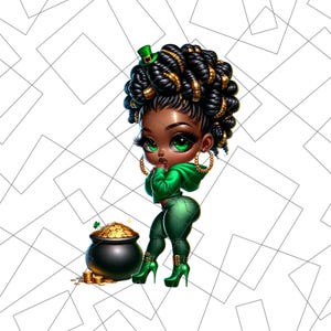 St. Patrick’s Day Chibi PNG | Pot of Gold Sublimation | Black Girl Chibi Png | lucky charm Png | black woman | Black Girl Chibi Lucky Png