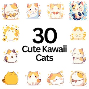 Cute Kawaii Cats, Cats Clipart, Cat Cartoon, Kawaii Cats Illustration, Vector Art