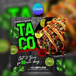 Plantilla de volante de tacos editable para Canva, volante de tacos, volante de restaurante, volante de menú, volante de menú de tacos, martes de tacos, plantilla para redes sociales