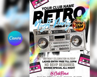 Retro Night Party Flyer | 80er 90er Jahre Party Einladung | Bearbeitbare Canva Vorlage | Vintage Ghettoblaster Disco Party | Digitaler Download