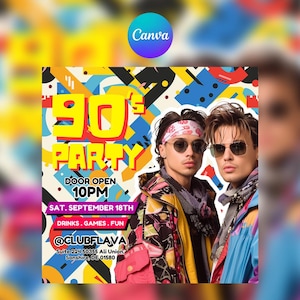 90s Party Flyer | Retro Club Event Invitation | Editable Canva Template | Vintage Hip-Hop RnB Party | Digital Download Flyer