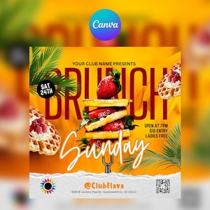 Może przedstawiać: Żółto-czerwona ulotka z tekstem "BRUNCH SUNDAY" i stosem gofrów z truskawkami na wierzchu. Ulotka zawiera również tekst "YOUR CLUB NAME PRESENTS", "SOB 24", "OTWARTE O 19:00", "10$ WSTĘP", "KOBIETY ZA DARMO", "@ClubFlava", "68808 Zackary Rapids, Gusikowskiton, OK 43113" i kod QR.