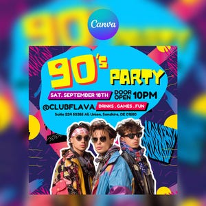 90s Party Flyer | Retro Club Event Invitation | Editable Canva Template | Vintage Hip-Hop RnB Party | Digital Download Flyer