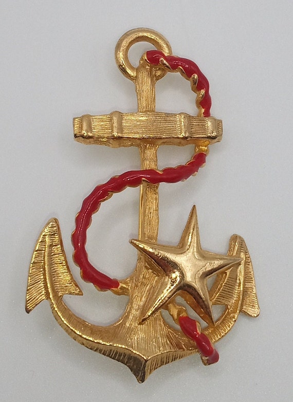 Anchor Star Red Rope Gold Tone Nautical Brooch Pin - image 2