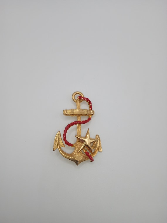 Anchor Star Red Rope Gold Tone Nautical Brooch Pin - image 1
