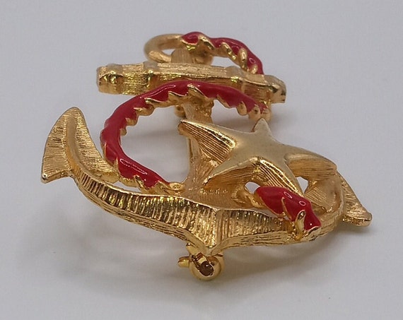 Anchor Star Red Rope Gold Tone Nautical Brooch Pin - image 4