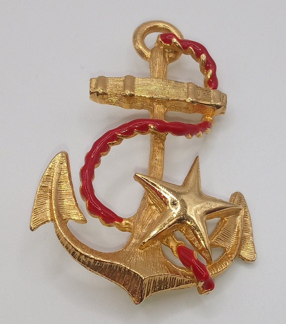 Anchor Star Red Rope Gold Tone Nautical Brooch Pin - image 3