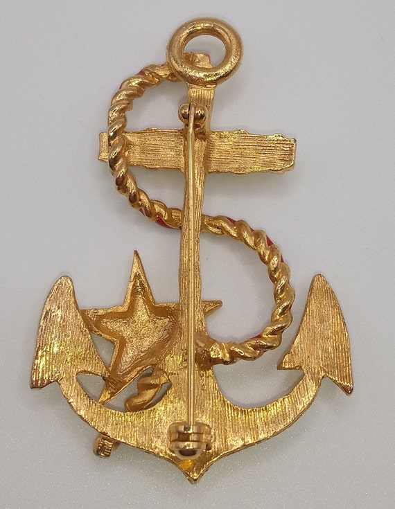 Anchor Star Red Rope Gold Tone Nautical Brooch Pin - image 8