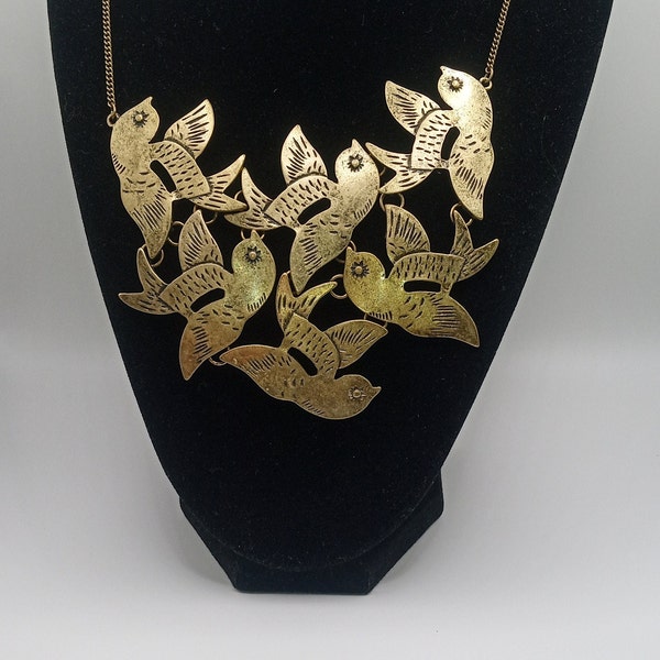 Flock of 6 Flying Birds Necklace Brass Tone 16-1/2" with 3" Extender