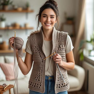 May include: A woman wearing a beige crochet vest, holding a ball of yarn and a crochet hook. The vest has a detailed openwork design. The woman is smiling, suggesting a hobby or craft activity. The background includes a living room setting with a sofa and shelves.