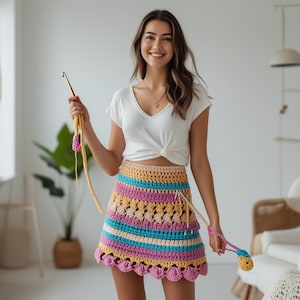 Peut inclure: Jupe crochetée multicolore avec des rayures horizontales roses, jaunes et bleues. Le bas de la jupe est festonné. Une personne tient un crochet et du fil, suggérant un projet de création fait main.