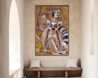 Coppia di lemuri dalla coda ad anelli dipinti / Stampa Giclée d'archivio / Decorazione per la casa con animali selvatici africani