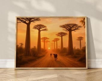 Amanecer en el Callejón de los Baobabs, Madagascar - Arte mural: Decoración con un cálido paisaje africano