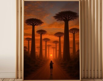 Atardecer en el callejón de los baobabs en Madagascar - Arte mural con paisaje africano, luz dorada, descarga digital, decoración en tonos tierra