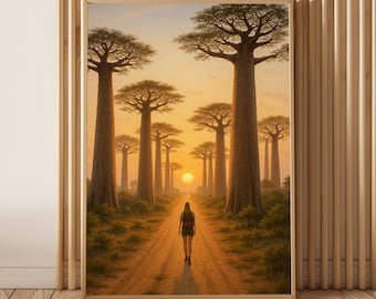 Amanecer en el Callejón de los Baobabs en Madagascar - Arte mural con paisaje africano, descarga digital, naturaleza cálida y dorada