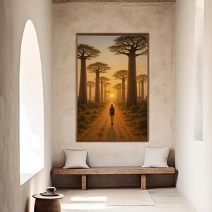 Baobab Alley Sunrise - Fine Art giclééprint, Afrikaanse reisposter, warme gouden tinten
