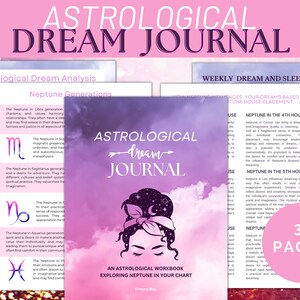 May include: A pink and purple illustrated cover for an astrological dream journal workbook. The cover features a woman with a bun and a headband, with a cloud background. The title of the book is "Astrological Dream Journal" and the subtitle is "An Astrological Workbook Exploring Neptune in Your Chart".