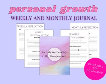 Weekly Reflection Journal, Monthly Review Worksheet, Gratitude journal, Downloadable digitlal PDF - Personal Growth journal and planner