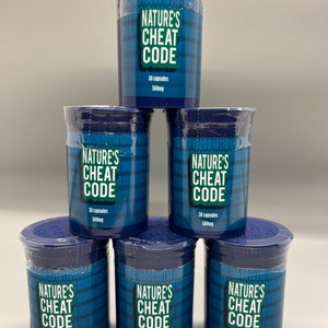 May include: Five blue plastic bottles with a white label that reads "NATURE'S CHEAT CODE" and "30 capsules 500mg".