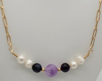 Amethyst & Purple Tiger Eye Necklace: 14k Gold Filled Paperclip Chain