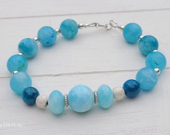 Blue Hemimorphite & Apatite Beaded Bracelet - Sterling Silver Jewelry