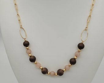 Collar de jade y hematita color café hecho a mano: joyería con cuentas bañadas en oro de 14 k