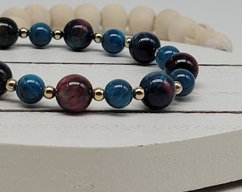 Blue Apatite Red Tiger Eye Bracelet, 14k Gold Filled Boho Beaded Jewelry