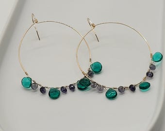 Emerald Quartz & Lolite Hoop Earrings: 14k Gold Filled