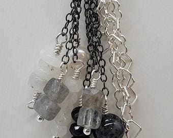 Oxidized Sterling Silver Rutilated Quartz Pendant Necklace, Labradorite, Moonstone & Pearl