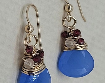 Blue Chalcedony 14k Gold-Filled Earrings: Garnet & Moonstone Jewelry