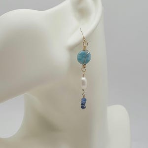 Blue AquaMarine kyanite & freshwater pearl gemstone dangly earrings 14k gold filled wire wrapped kyanite rondelles xmas jewelry gift for her