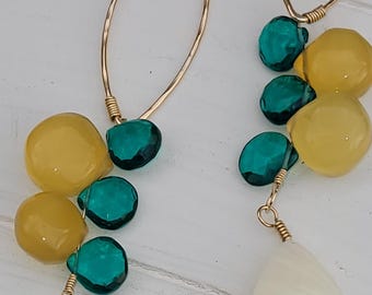 Chalcedony Quartz Dangle Earrings: 14k Gold Filled, Emerald Green & Yellow